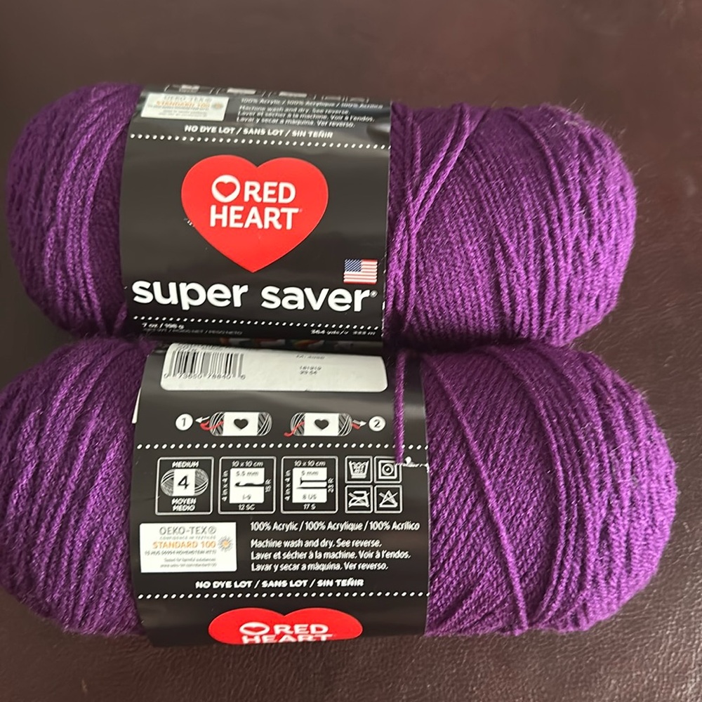 2 Skeins of RED HEART SUPER SAVER Yarn.7oz. 4 Med. 2 DARK ORCHID. NWT